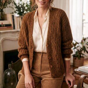 LOUIZON Paris Knit Alpaca Blend Chunky Button Front Brown Cardigan Sweater sz 2